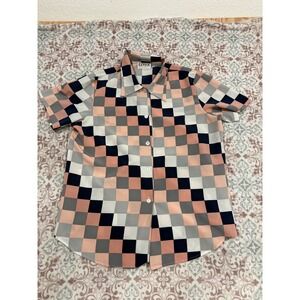 Expose Vintage Checkered Button Up Shirt Peach Navy Grey Geometric Short Sleeve